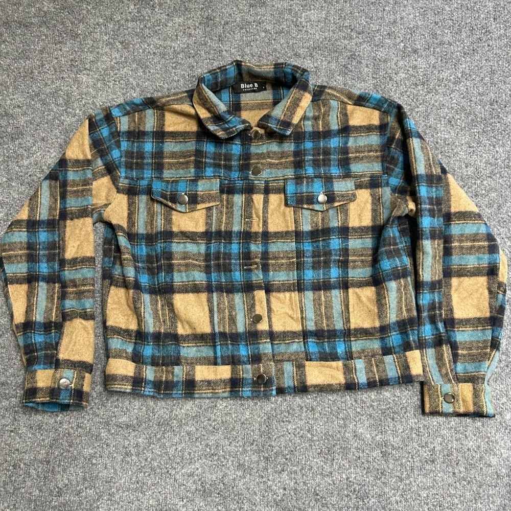 Blue B Jacket Womens Size S Tan Blue Plaid Cropped Button Up Shacket 31274J